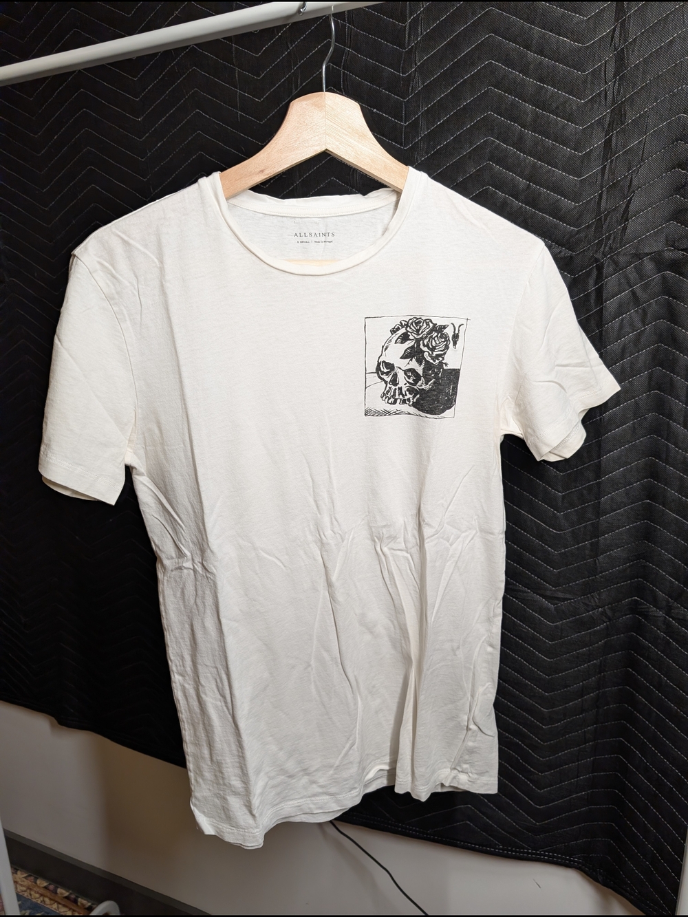 All Saints Cream Short Sleeve Tee with Black Skull Chest Graphic